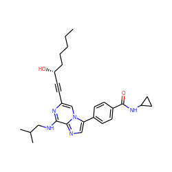 CCCCC[C@@H](O)C#Cc1cn2c(-c3ccc(C(=O)NC4CC4)cc3)cnc2c(NCC(C)C)n1 ZINC000209715135