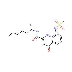 CCCCC[C@H](C)NC(=O)c1cc(=O)c2cccc(NS(C)(=O)=O)c2[nH]1 ZINC000095592107