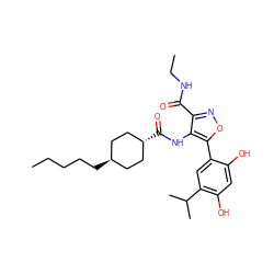 CCCCC[C@H]1CC[C@H](C(=O)Nc2c(C(=O)NCC)noc2-c2cc(C(C)C)c(O)cc2O)CC1 ZINC000261143941