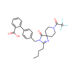 CCCCC1=NC2(CCN(C(=O)C(F)(F)F)CC2)C(=O)N1Cc1ccc(-c2ccccc2C(=O)O)cc1 ZINC000013833577