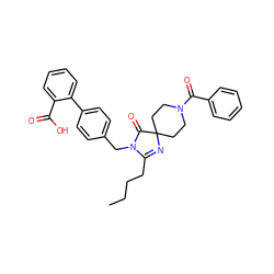 CCCCC1=NC2(CCN(C(=O)c3ccccc3)CC2)C(=O)N1Cc1ccc(-c2ccccc2C(=O)O)cc1 ZINC000013833578