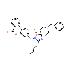 CCCCC1=NC2(CCN(Cc3ccccc3)CC2)C(=O)N1Cc1ccc(-c2ccccc2C(=O)O)cc1 ZINC000013833582