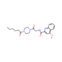 CCCCCC(=O)N1CCN(C(=O)CNC(=O)c2cc(OC)c3ccccc3n2)CC1 ZINC000142661197