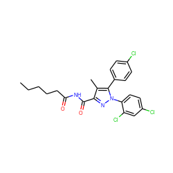 CCCCCC(=O)NC(=O)c1nn(-c2ccc(Cl)cc2Cl)c(-c2ccc(Cl)cc2)c1C ZINC000040939649