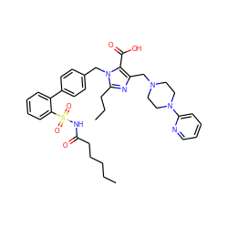 CCCCCC(=O)NS(=O)(=O)c1ccccc1-c1ccc(Cn2c(CCC)nc(CN3CCN(c4ccccn4)CC3)c2C(=O)O)cc1 ZINC000026291090