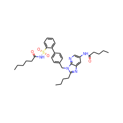 CCCCCC(=O)NS(=O)(=O)c1ccccc1-c1ccc(Cn2c(CCCC)nc3cc(NC(=O)CCCC)cnc32)cc1 ZINC000026281479