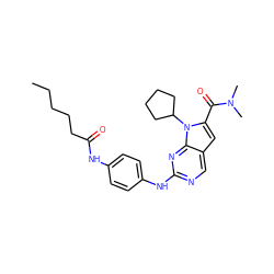 CCCCCC(=O)Nc1ccc(Nc2ncc3cc(C(=O)N(C)C)n(C4CCCC4)c3n2)cc1 ZINC001772586028