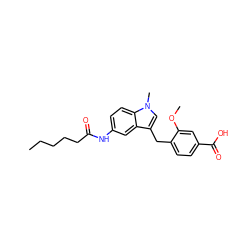 CCCCCC(=O)Nc1ccc2c(c1)c(Cc1ccc(C(=O)O)cc1OC)cn2C ZINC000029482010