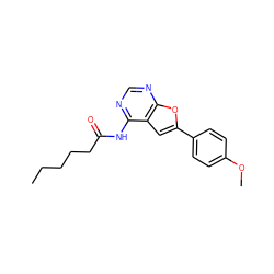 CCCCCC(=O)Nc1ncnc2oc(-c3ccc(OC)cc3)cc12 ZINC000014946129