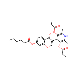 CCCCCC(=O)Oc1ccc2c(=O)c(C3C(OC(=O)CC)=C(C)NC(C)=C3OC(=O)CC)coc2c1 ZINC001772594294