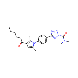 CCCCCC(=O)c1cc(C)n(-c2ccc(-c3nnn(C(=O)N(C)C)n3)cc2)c1C ZINC000096258079