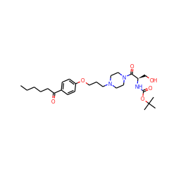 CCCCCC(=O)c1ccc(OCCCN2CCN(C(=O)[C@@H](CO)NC(=O)OC(C)(C)C)CC2)cc1 ZINC000013444732