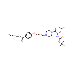 CCCCCC(=O)c1ccc(OCCCN2CCN(C(=O)[C@H](CC(C)C)NC(=O)OC(C)(C)C)CC2)cc1 ZINC000013444744