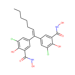 CCCCCC=C(c1cc(Cl)c(O)c(C(=O)NO)c1)c1cc(Cl)c(O)c(C(=O)NO)c1 ZINC000005729373