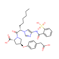 CCCCCC[C@@H](C(=O)N1C[C@@H](Oc2ccc(CC(=O)O)cc2)C[C@@H]1C(=O)O)n1cnc(NC(=O)c2ccccc2S(=O)(=O)O)c1 ZINC000027634878