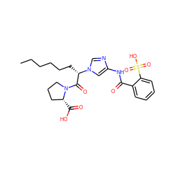 CCCCCC[C@@H](C(=O)N1CCC[C@H]1C(=O)O)n1cnc(NC(=O)c2ccccc2S(=O)(=O)O)c1 ZINC000013739981