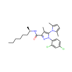 CCCCCC[C@@H](C)NC(=O)c1nn(-c2ccc(Cl)cc2Cl)c(-n2c(C)ccc2C)c1C ZINC000066167078