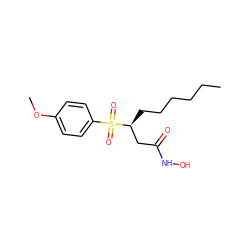 CCCCCC[C@@H](CC(=O)NO)S(=O)(=O)c1ccc(OC)cc1 ZINC000029389379
