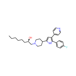 CCCCCC[C@@H](O)CN1CCC(c2cc(-c3ccncc3)c(-c3ccc(F)cc3)[nH]2)CC1 ZINC000028528727