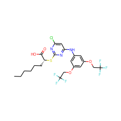 CCCCCC[C@@H](Sc1nc(Cl)cc(Nc2cc(OCC(F)(F)F)cc(OCC(F)(F)F)c2)n1)C(=O)O ZINC000044359804