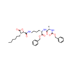 CCCCCC[C@@H]1C(=O)O[C@H]1C(=O)NCCCC[C@H](NC(=O)[C@H](C)NC(=O)OCc1ccccc1)C(=O)OCc1ccccc1 ZINC001772615930