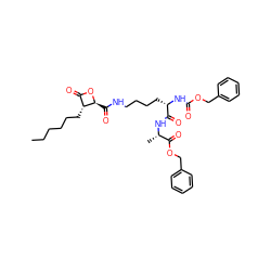 CCCCCC[C@@H]1C(=O)O[C@H]1C(=O)NCCCC[C@H](NC(=O)OCc1ccccc1)C(=O)N[C@@H](C)C(=O)OCc1ccccc1 ZINC001772658087