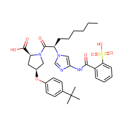 CCCCCC[C@H](C(=O)N1C[C@@H](Oc2ccc(C(C)(C)C)cc2)C[C@H]1C(=O)O)n1cnc(NC(=O)c2ccccc2S(=O)(=O)O)c1 ZINC000027521332
