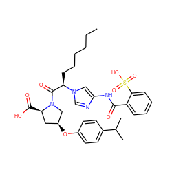 CCCCCC[C@H](C(=O)N1C[C@@H](Oc2ccc(C(C)C)cc2)C[C@H]1C(=O)O)n1cnc(NC(=O)c2ccccc2S(=O)(=O)O)c1 ZINC000027520572