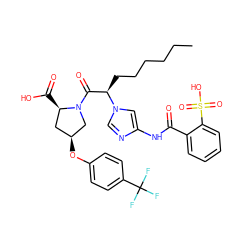 CCCCCC[C@H](C(=O)N1C[C@@H](Oc2ccc(C(F)(F)F)cc2)C[C@H]1C(=O)O)n1cnc(NC(=O)c2ccccc2S(=O)(=O)O)c1 ZINC000027522330