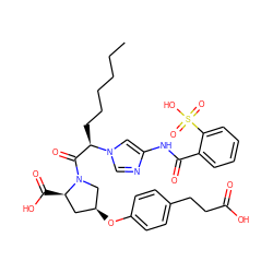 CCCCCC[C@H](C(=O)N1C[C@@H](Oc2ccc(CCC(=O)O)cc2)C[C@H]1C(=O)O)n1cnc(NC(=O)c2ccccc2S(=O)(=O)O)c1 ZINC000027523073