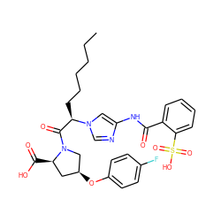 CCCCCC[C@H](C(=O)N1C[C@@H](Oc2ccc(F)cc2)C[C@H]1C(=O)O)n1cnc(NC(=O)c2ccccc2S(=O)(=O)O)c1 ZINC000027520230