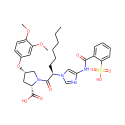 CCCCCC[C@H](C(=O)N1C[C@@H](Oc2ccc(OC)c(OC)c2)C[C@H]1C(=O)O)n1cnc(NC(=O)c2ccccc2S(=O)(=O)O)c1 ZINC000027519973