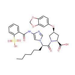 CCCCCC[C@H](C(=O)N1C[C@@H](Oc2ccc3c(c2)OCO3)C[C@H]1C(=O)O)n1cnc(NC(=O)c2ccccc2S(=O)(=O)O)c1 ZINC000027521882