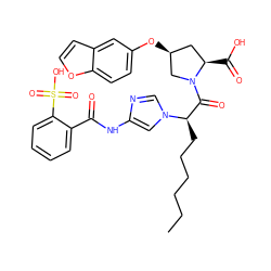 CCCCCC[C@H](C(=O)N1C[C@@H](Oc2ccc3occc3c2)C[C@H]1C(=O)O)n1cnc(NC(=O)c2ccccc2S(=O)(=O)O)c1 ZINC000027520405