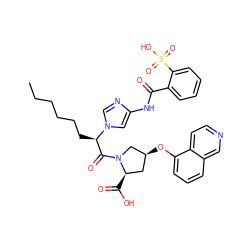 CCCCCC[C@H](C(=O)N1C[C@@H](Oc2cccc3cnccc23)C[C@H]1C(=O)O)n1cnc(NC(=O)c2ccccc2S(=O)(=O)O)c1 ZINC000027518919