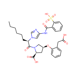 CCCCCC[C@H](C(=O)N1C[C@@H](Oc2ccccc2CC(=O)O)C[C@H]1C(=O)O)n1cnc(NC(=O)c2ccccc2S(=O)(=O)O)c1 ZINC000027520109