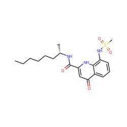 CCCCCC[C@H](C)NC(=O)c1cc(=O)c2cccc(NS(C)(=O)=O)c2[nH]1 ZINC000095586693