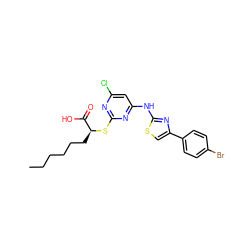 CCCCCC[C@H](Sc1nc(Cl)cc(Nc2nc(-c3ccc(Br)cc3)cs2)n1)C(=O)O ZINC000103240163