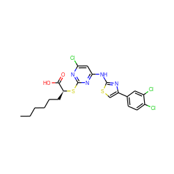 CCCCCC[C@H](Sc1nc(Cl)cc(Nc2nc(-c3ccc(Cl)c(Cl)c3)cs2)n1)C(=O)O ZINC000103250176