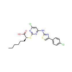 CCCCCC[C@H](Sc1nc(Cl)cc(Nc2nc(-c3ccc(Cl)cc3)cs2)n1)C(=O)O ZINC000103250239