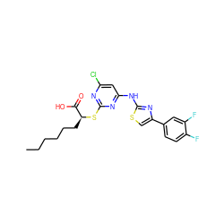 CCCCCC[C@H](Sc1nc(Cl)cc(Nc2nc(-c3ccc(F)c(F)c3)cs2)n1)C(=O)O ZINC000103250151