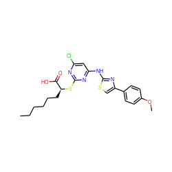 CCCCCC[C@H](Sc1nc(Cl)cc(Nc2nc(-c3ccc(OC)cc3)cs2)n1)C(=O)O ZINC000103250198