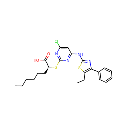 CCCCCC[C@H](Sc1nc(Cl)cc(Nc2nc(-c3ccccc3)c(CC)s2)n1)C(=O)O ZINC000103250219