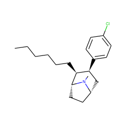 CCCCCC[C@H]1[C@@H](c2ccc(Cl)cc2)C[C@@H]2CC[C@H]1N2C ZINC000013742500