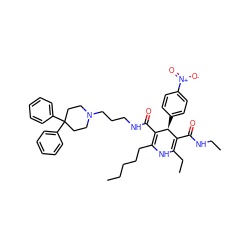 CCCCCC1=C(C(=O)NCCCN2CCC(c3ccccc3)(c3ccccc3)CC2)[C@@H](c2ccc([N+](=O)[O-])cc2)C(C(=O)NCC)=C(CC)N1 ZINC000026727279