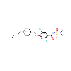 CCCCCC12CCC(COc3cc(F)c(C(=O)NS(=O)(=O)N(C)C)cc3Cl)(CC1)CC2 ZINC000216202014