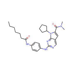 CCCCCCC(=O)Nc1ccc(Nc2ncc3cc(C(=O)N(C)C)n(C4CCCC4)c3n2)cc1 ZINC001772644903