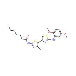 CCCCCCC(=O)Nc1nc(C)c(-c2csc(Nc3cc(OC)ccc3OC)n2)s1 ZINC000008666543