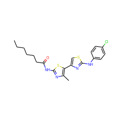 CCCCCCC(=O)Nc1nc(C)c(-c2csc(Nc3ccc(Cl)cc3)n2)s1 ZINC000008691904