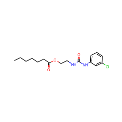 CCCCCCC(=O)OCCNC(=O)Nc1cccc(Cl)c1 ZINC000013560462